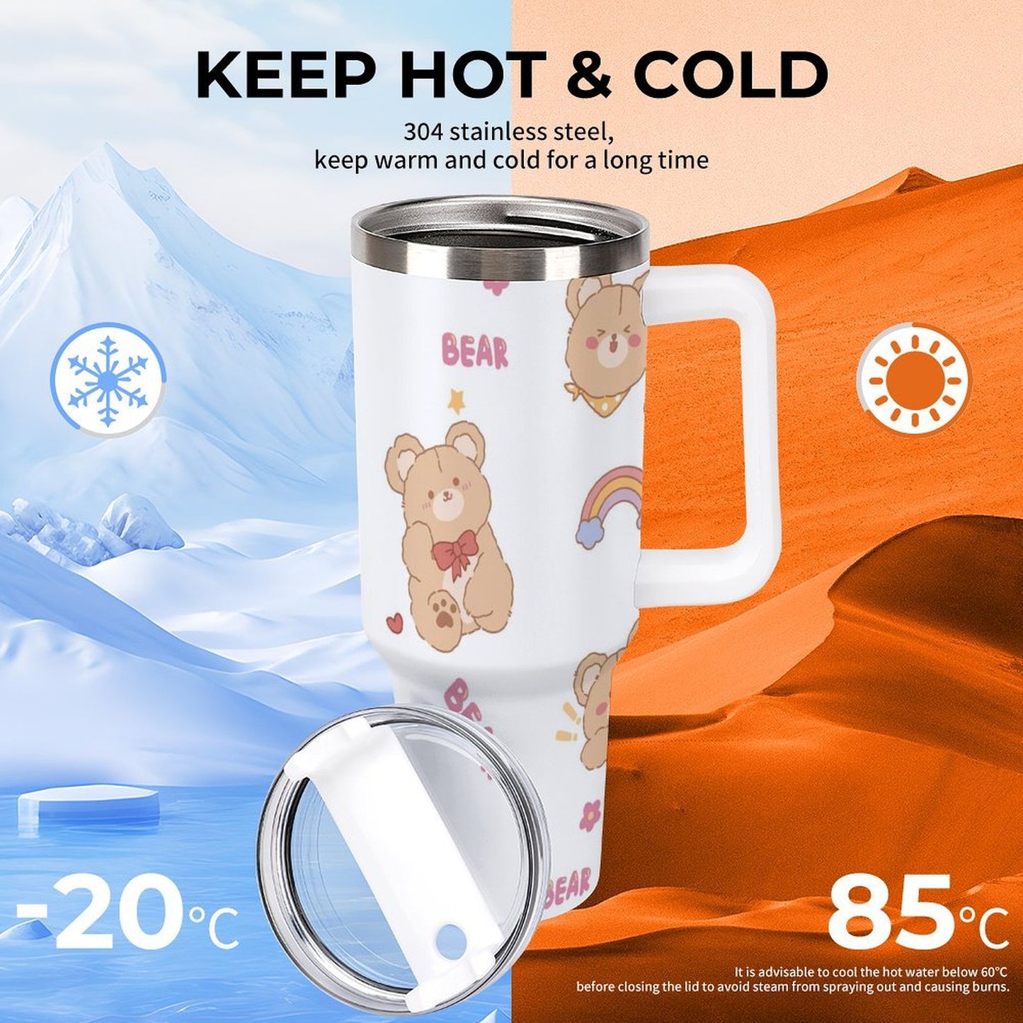 PHDT00513 POD US Local Tumbler 40oz Large Capacity Car Cup Cute, Teddy Bear, Happy