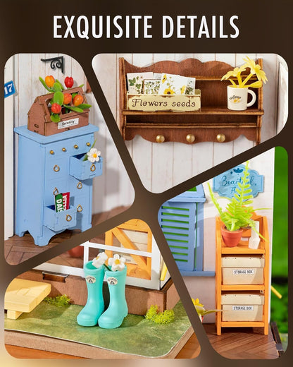 US Local ROBOTIME Rolife Mengyu Flower Minature House DIY Building Toys With LED Light For Gifts DG163