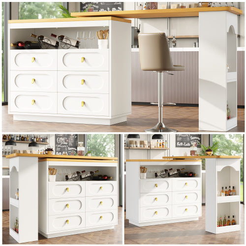 UK Local 360 Rotating Bar Table Main Body 137 X 39 X 90 Cm, Coffee Bar Furniture, Rotating Dining Bar With Storage, Kitchen Island, With Spice Rack, Six Drawers, Open Storage Space, White