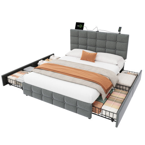 UK Local 4ft6 Double Upholstered Bed With 4 Storage Drawers, Velvet Bed Frame With Charging Station. Adjustable Button Tufted Headboard With USB And Type - C Ports, No Box Spring Needed, Grey No Mattress