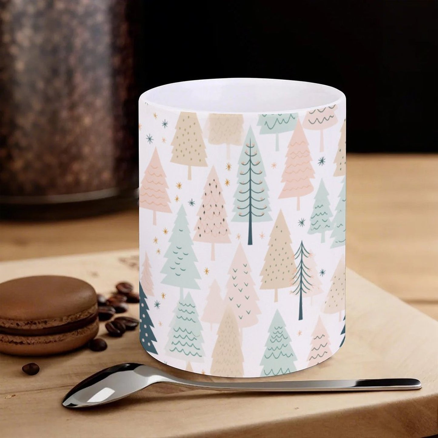 POD US Local White mug with full print, Christmas Trees, Woods, Pink 0005