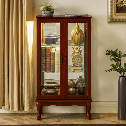 US Local Curio Cabinet Lighted Curio Diapaly Cabinet With Adjustable Shelves And Mirrored Back Panel, Tempered Glass Doors