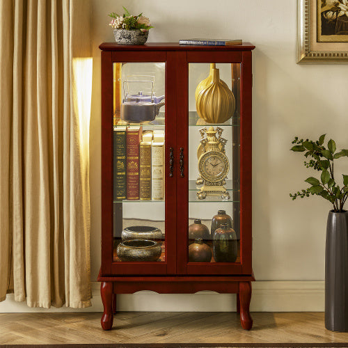 US Local Curio Cabinet Lighted Curio Diapaly Cabinet With Adjustable Shelves And Mirrored Back Panel, Tempered Glass Doors