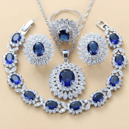 Garnet Cubic Zirconia Earrings Pendant Necklace Bracelet Ring Gift 4 PCs Set