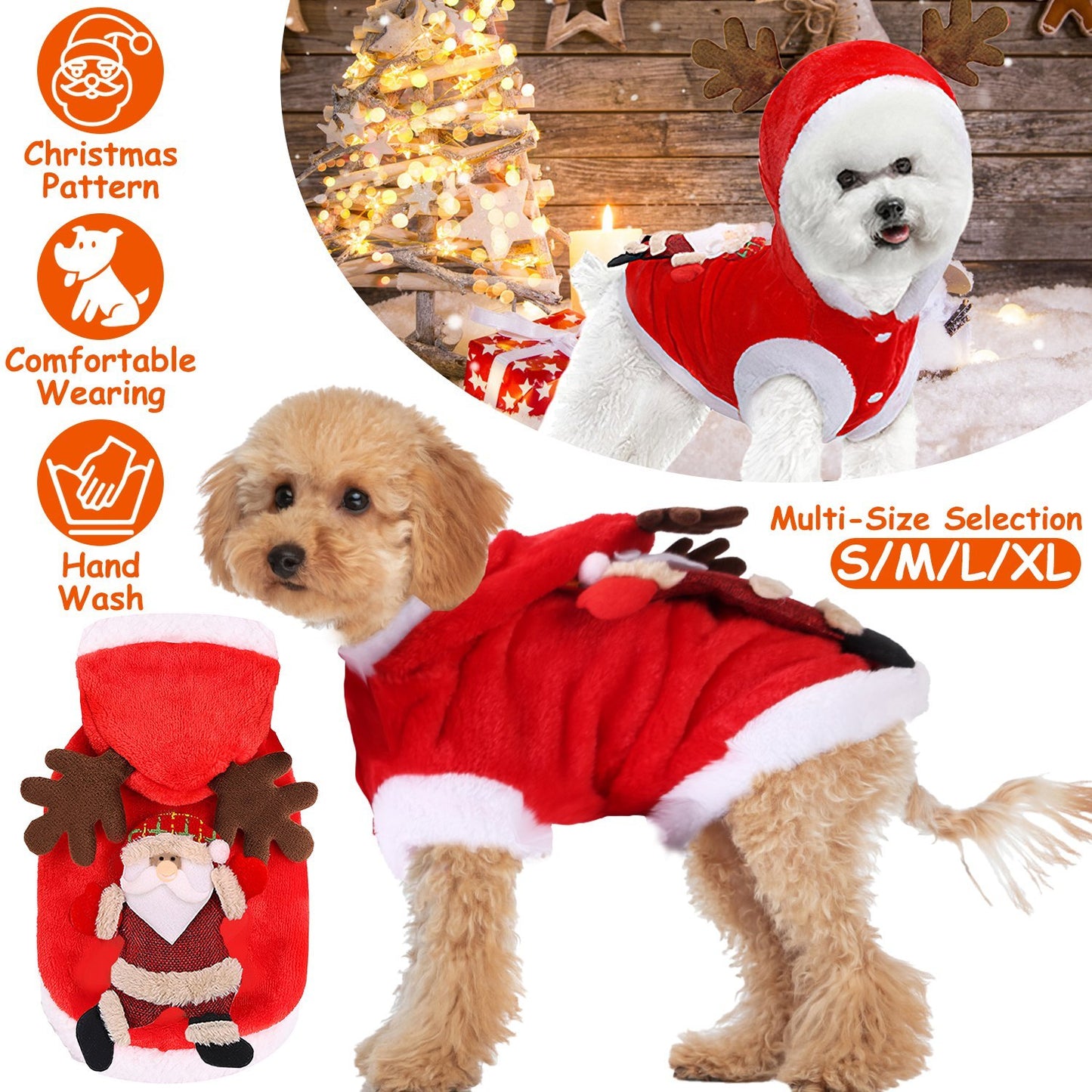 US Local 1Pc Pet Christmas Clothes Santa Claus Reindeer Antlers Costume Winter Outfit New Year Coat For Small Medium Dogs Cats