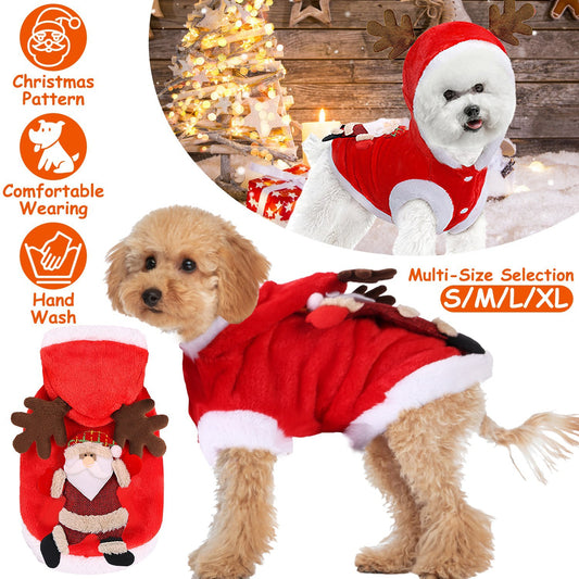 US Local 1Pc Pet Christmas Clothes Santa Claus Reindeer Antlers Costume Winter Outfit New Year Coat For Small Medium Dogs Cats