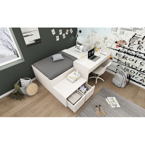 UK Local Kids Single Bed With Desk And Drawers, 90 X190 Cm, White, 3ft Kids Wooden Bed With Storage, Single Bed With Slatted Frame, Lying Surface For Teenagers & Adults