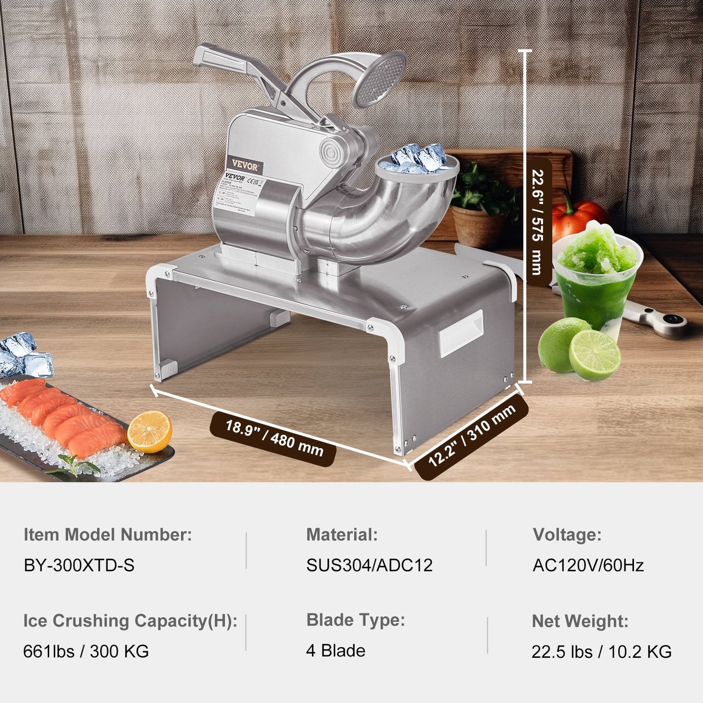 VEVOR Ice Crushers Machine, 661lbs Per Hour Electric Snow Cone Maker With 4 Blades, Stainless Steel Shaved Ice Machine With Cover, 300W Ice Shaver Machine For Margaritas, Home And Commercial Use