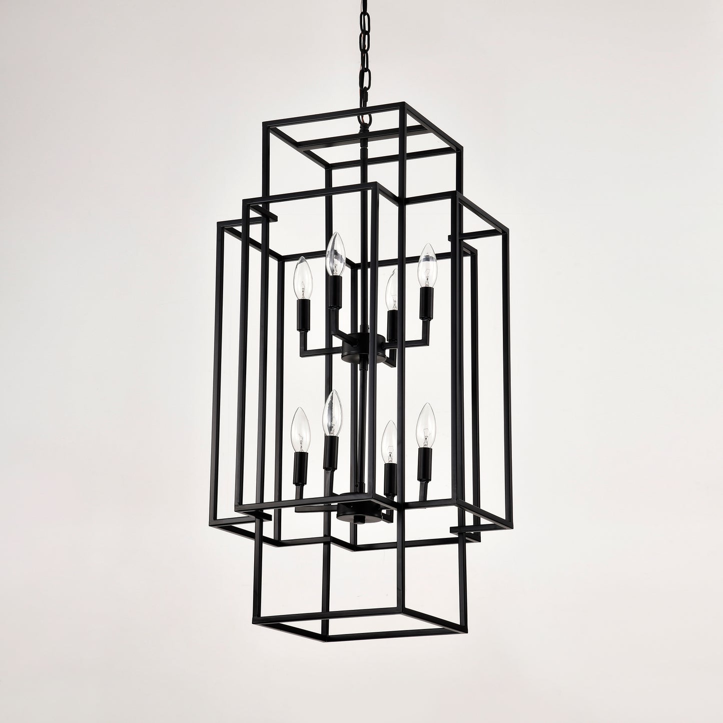 US Local 8-Light Metal Lantern Tiered Pendant Hanging Light Fixtures, Industrial Farmhouse Adjustable Height Chandeliers For Dining Room Hallway Foyer Entryway--Matte Black E12 Bulbs Not Included
