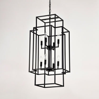 US Local 8-Light Metal Lantern Tiered Pendant Hanging Light Fixtures, Industrial Farmhouse Adjustable Height Chandeliers For Dining Room Hallway Foyer Entryway--Matte Black E12 Bulbs Not Included
