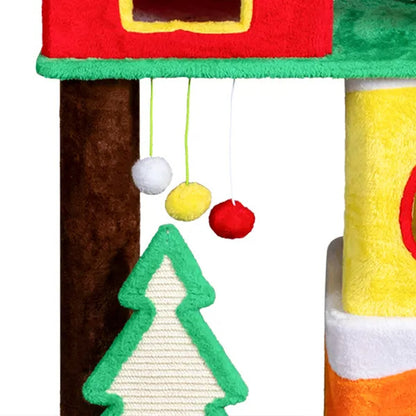 US Local 56 in Christmas Themed Plush Cat Tree, Multi-level Cat Tower With Cat Condos, Top Crown Perch, Sisal Ramp Scratching Posts, Large Cat Pet Activity Center For Indoor Cats