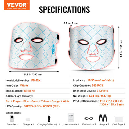 US Local VEVOR Red Light Therapy Mask 7-Color LED Face Mask Light Therapy With 850nm NIR