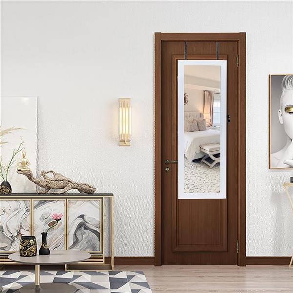 US Local Non Full Mirror Wooden Wall Mounted 4-layer Shelf With 2 Drawers And 8 Blue LED Lights For Jewelry Storage, White Mirror Cabinet