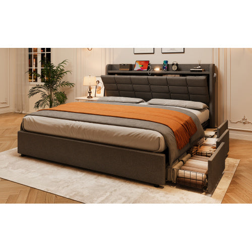 UK Local 5ft King Bed Frame With Hydraulic Storage, Linen Upholstered Bed With Concealed Headboard Storage And Drawers, Button Tufted Headboard With Charging Station And LED Night Light, Grey