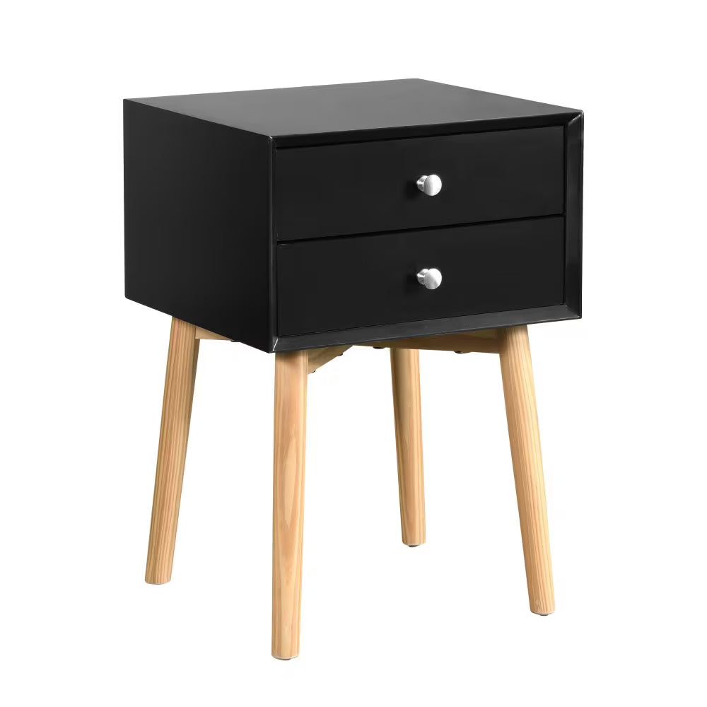 US Local Side Table,Bedside Table With 2 Drawers And Rubber Wood Legs, Mid-Century Modern Storage Cabinet For Bedroom Living Room