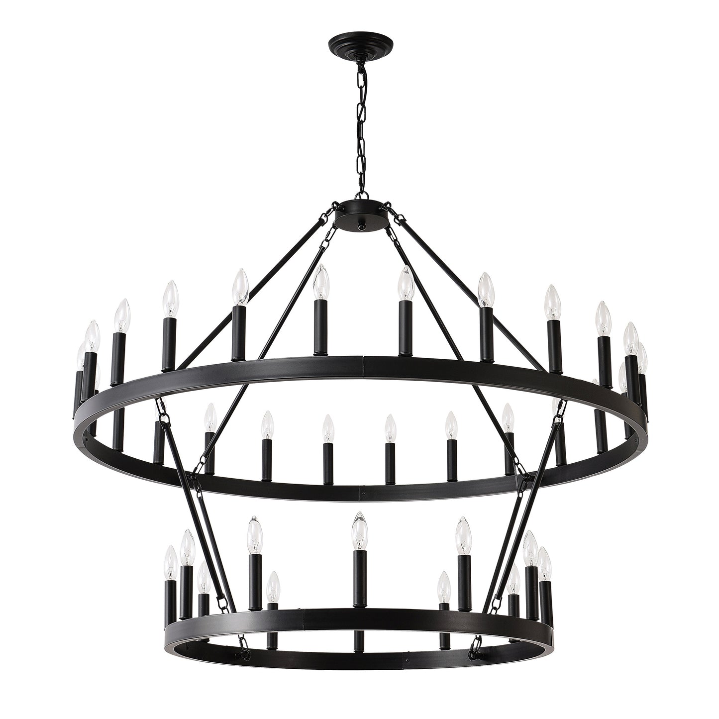 US Local 2 Tiers Wagon Wheel Chandelier Wooden Farmhouse 36-Light Black Metal Chandeliers 2-Story Light Fixtures Industrial For High Ceiling Living Dining Room Foyer. Adjustable Height