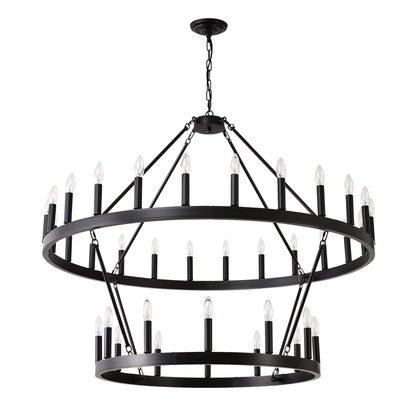 US Local 2 Tiers Wagon Wheel Chandelier Wooden Farmhouse 36-Light Black Metal Chandeliers 2-Story Light Fixtures Industrial For High Ceiling Living Dining Room Foyer. Adjustable Height