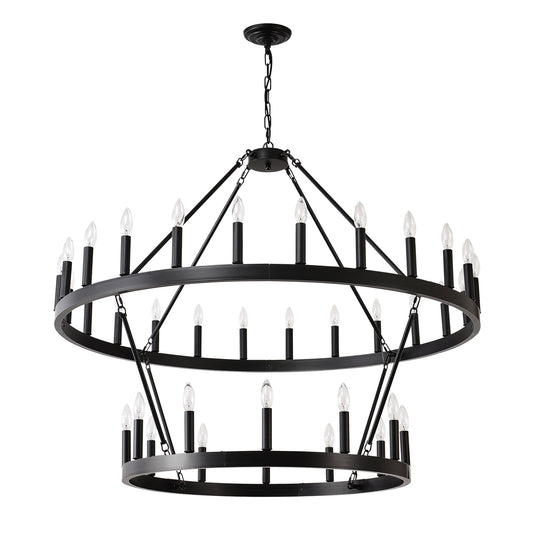 US Local 2 Tiers Wagon Wheel Chandelier Wooden Farmhouse 36-Light Black Metal Chandeliers 2-Story Light Fixtures Industrial For High Ceiling Living Dining Room Foyer. Adjustable Height