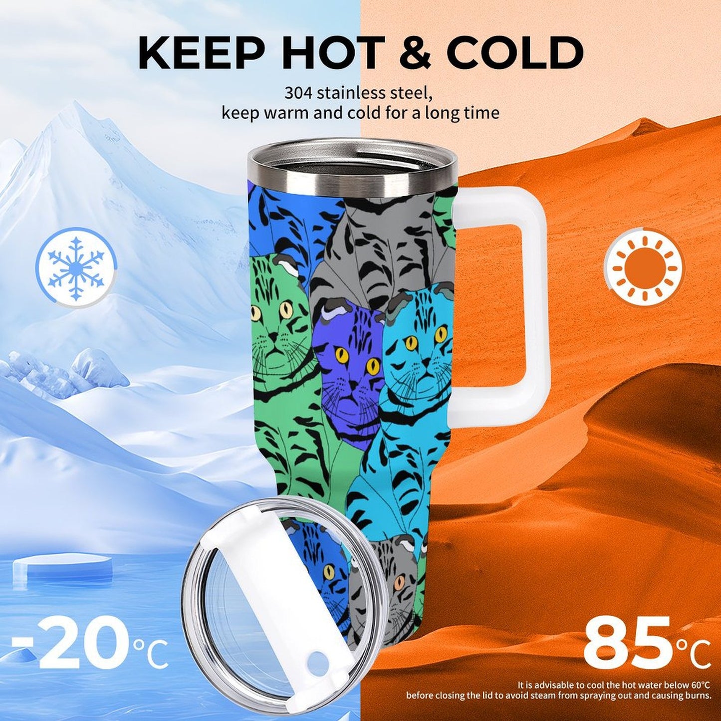 PHDT00347 POD US Local Tumbler 40 oz Large Capacity Car Cup Colorful Cat, Stacked