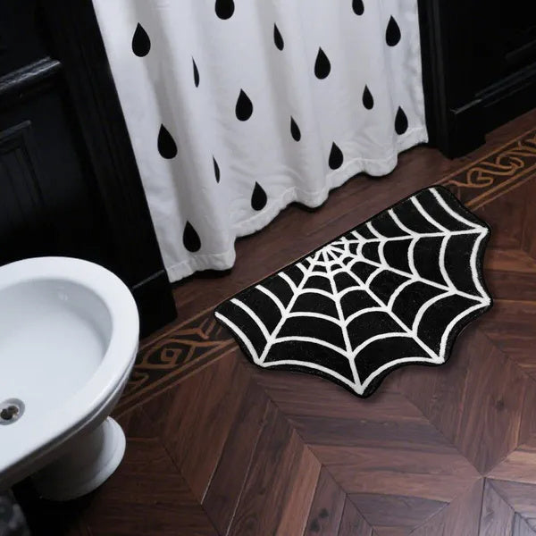 US Local 15.7 X 23.6 Inch Halloween Decor Spider Web Bath Mat For Bathroom, Gothic Cute Halloween Decoration Black White Half Circle Bath Mat Non Slip Cashmere Bath Rug Bathroom Mat Plush Shower Rugs