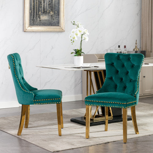 US Local High-end Tufted Solid Wood Contemporary Velvet Upholstered Dining Chair With Golden Stainless Steel Plating Legs,Nailhead Trim,Set Of 2