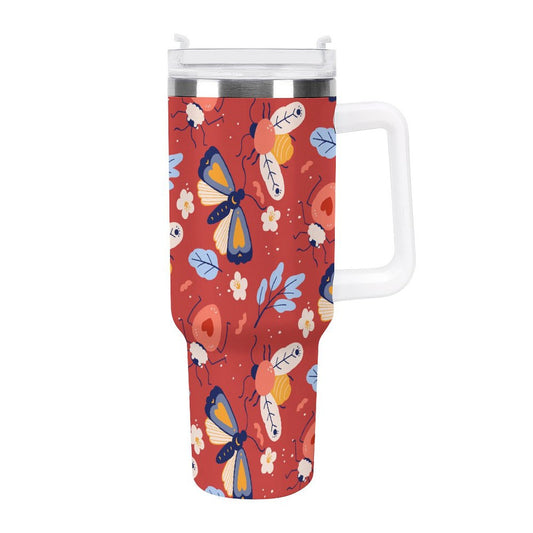 PHDT00511 POD US Local Tumbler 40oz Large Capacity Car Cup Red Retro, Butterfly, Flower, Insect