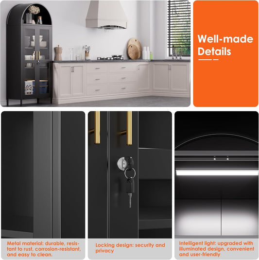 US Local Metal Arched Cabinet With LED Strips, Arch Display Bookcase With Glass Doors, Modern Freestanding Kitchen Pantry Storage Cabinet For Living Room, Dining Room, Home Office, Assembly Required Black