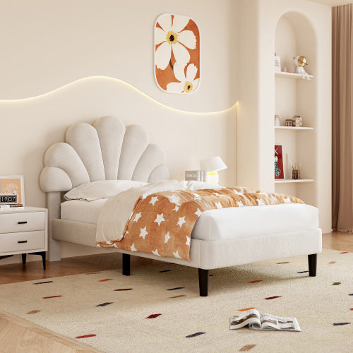 UK Local 3ft Single Upholstered Velvet Bed Frame, With Adjustable Chic Petal Headboard, Velvet Platform Bed Frame With Solid Wood Slat, No Box Spring Needed, Easy Assembly, Beige