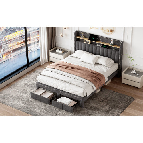 UK Local 4ft6 Double Upholstered Bed With 2 Storage Drawers, Riveted Storage Bed With Charging And Lighting, Linen Platform Bed Frame No Box Spring Needed, Easy Assembly, Grey No Mattress
