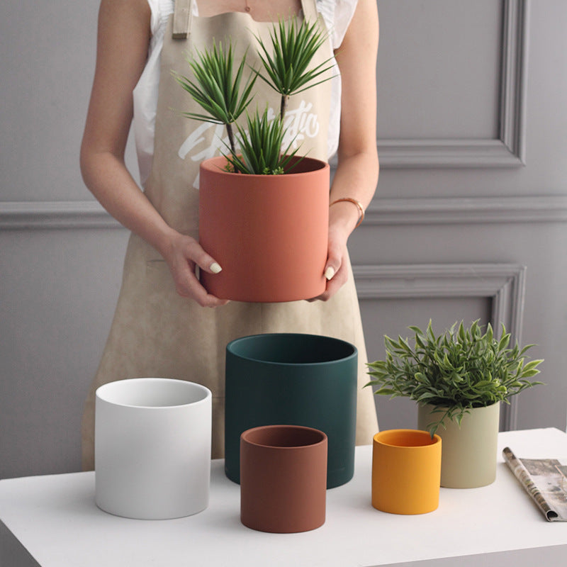 US Local Nordic Industrial Style Colorful Ceramic Flowerpot Succulent Planter Green Plants Cylindrical Shape Flower Pot With Hole Tray