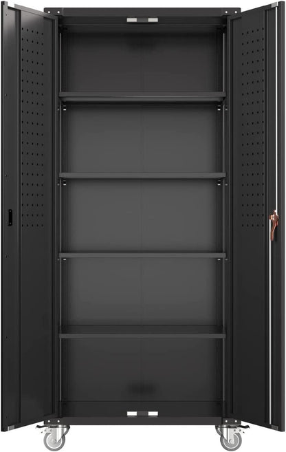 US Local Garage Storage Cabinet With Wheels & Pegboard, H Locking Metal Storage Cabinet With Doors And 4 Adjustable Shelves For Garage Workshop Home, Assembly Required, Black