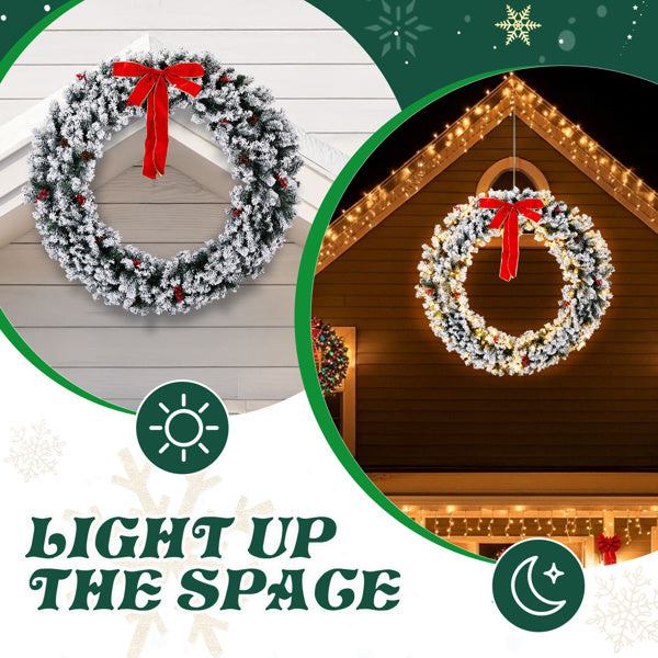 US Local 60in Pre-lit Snow Flocked Christmas Wreath, Lighted Artificial Xmas Wreath With 220 Warm White Lights And 600 PVC Tips And DIY Ornaments, For Front Door Gate Wall Xmas Party Decorations, Snowy Green
