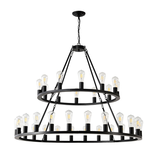 US Local 48 Inch Black Extra Large Wagon Wheel Chandelier, 2 Tier 36-Lights No Include Farmhouse Industrial Round High Ceiling Pendant Light Adjustable Chain, For Dining Room, Living Room,Kitchen