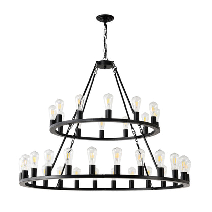 US Local 48 Inch Black Extra Large Wagon Wheel Chandelier, 2 Tier 36-Lights No Include Farmhouse Industrial Round High Ceiling Pendant Light Adjustable Chain, For Dining Room, Living Room,Kitchen