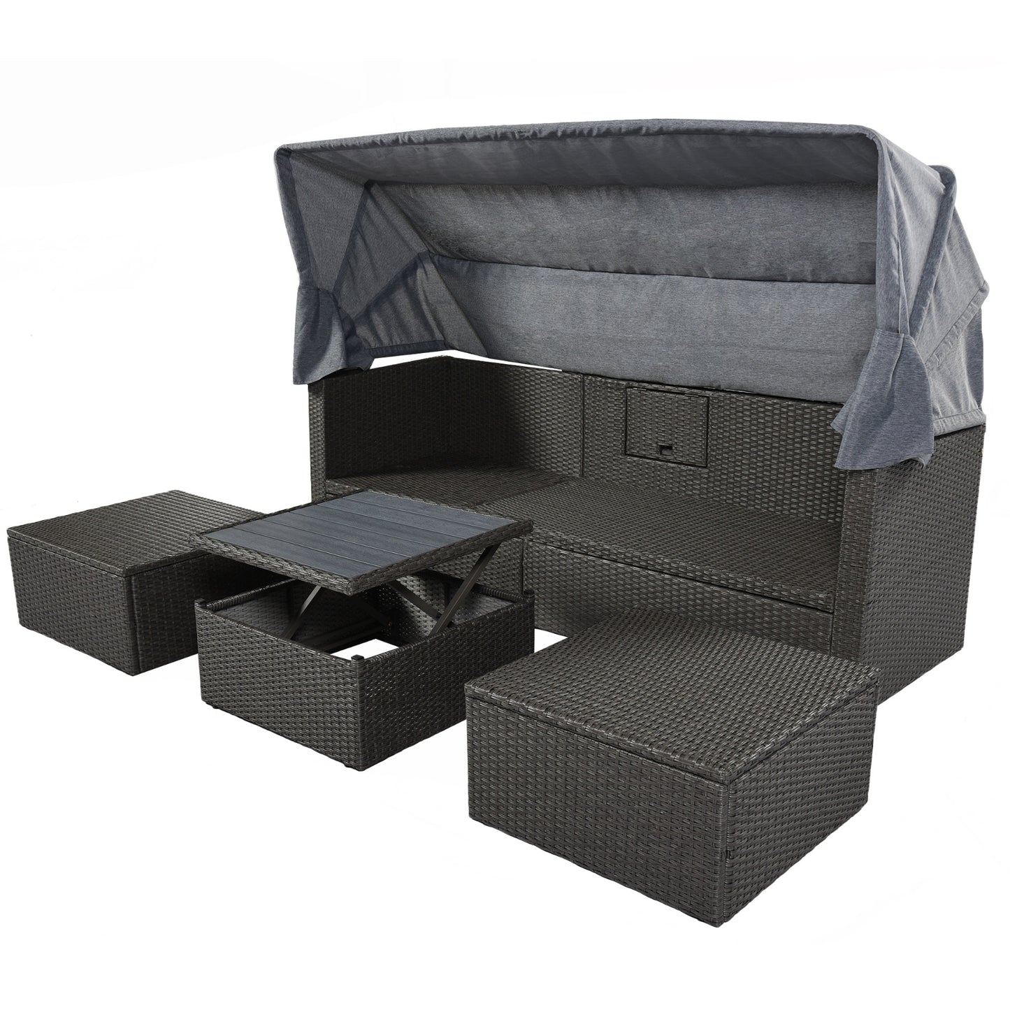 US Local U Style Patio Rectangle Daybed With Canopy, Wicker Sectional Seating
