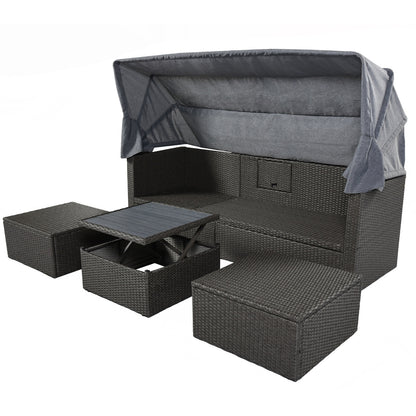US Local U Style Patio Rectangle Daybed With Canopy, Wicker Sectional Seating