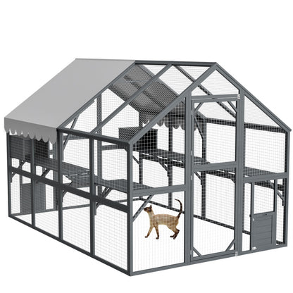 US Local Extra Spacious Catio Outdoor Cat Haven, 110 Inch Luxury Cattery With Weather-Resistant Roof, Cat Climbing Ramp, Space Pod Bed, 2 Lounging Huts