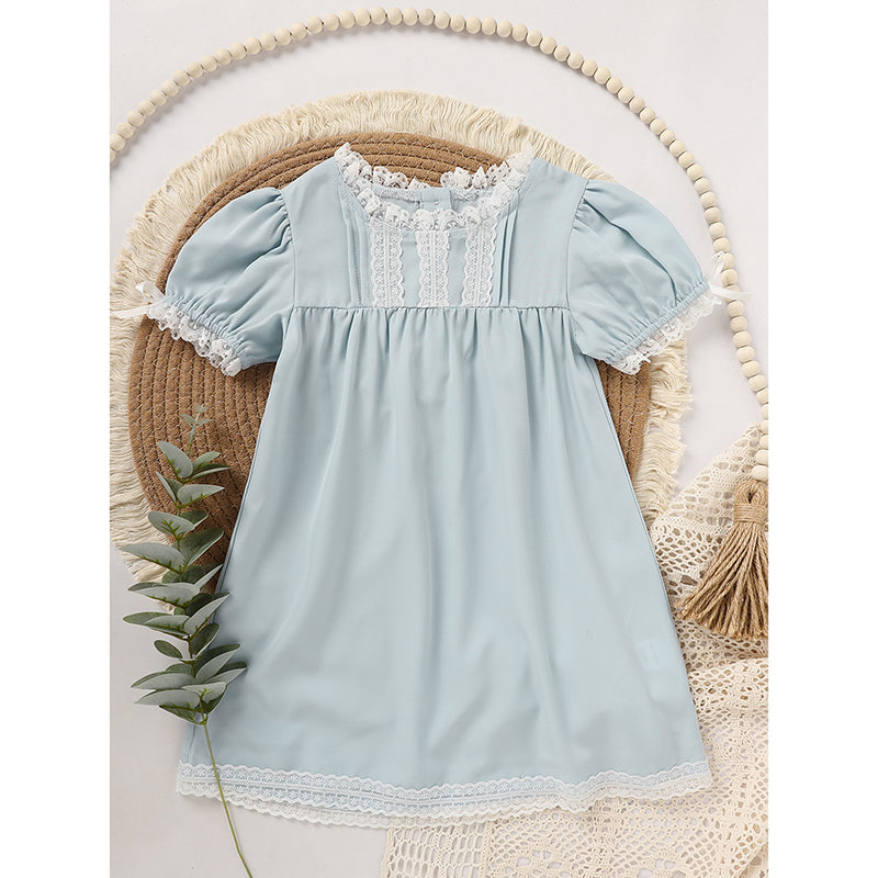 US Local Toddler Girls Dress, Summer Lace Trim Puff Short Sleeves Crew Neck Princess Party Dress