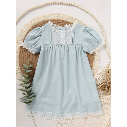 US Local Toddler Girls Dress, Summer Lace Trim Puff Short Sleeves Crew Neck Princess Party Dress