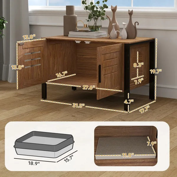 US Local Cat Litter Box Enclosure With Tall Legs, Scratching Board, Dark Brown