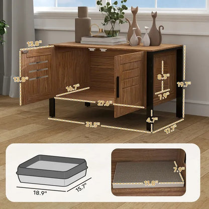 US Local Cat Litter Box Enclosure With Tall Legs, Scratching Board, Dark Brown