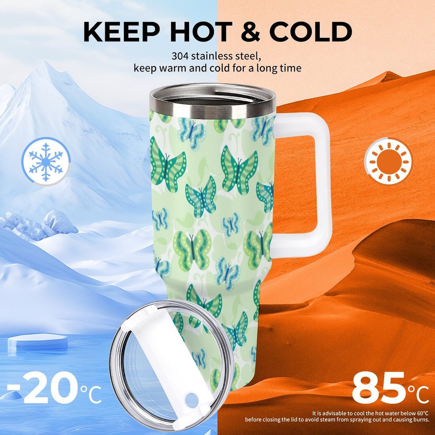 PHDT00519 POD US Local Tumbler 40oz Large Capacity Car Cup Butterfly Green