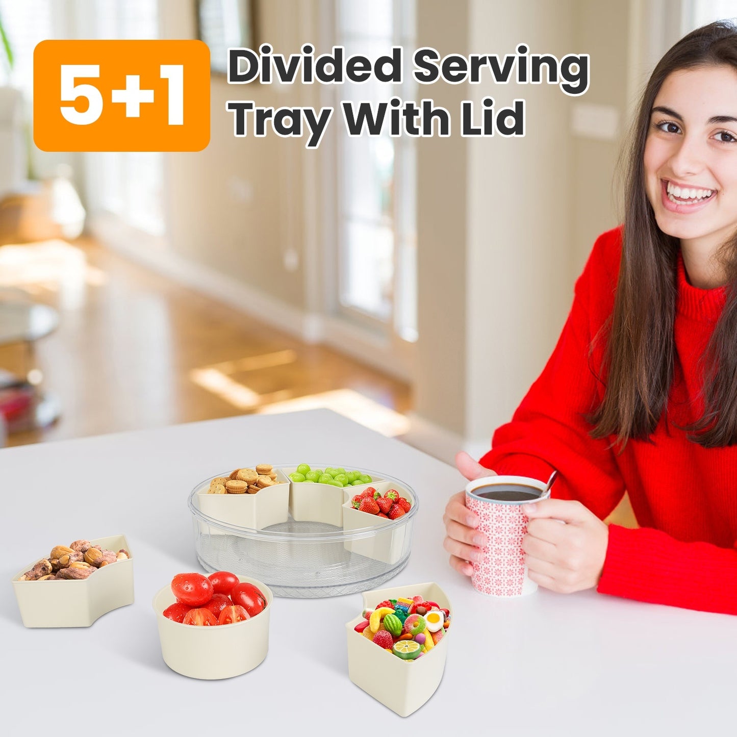 US Local 2Pcs Divided Serving Tray With Lid And Handle 360 Degree Rotatable Snack Box Container With 6 Dividers Clear Portable Snack Platters For Fruit Candy Nut Snack Perfect For Party Picnic S