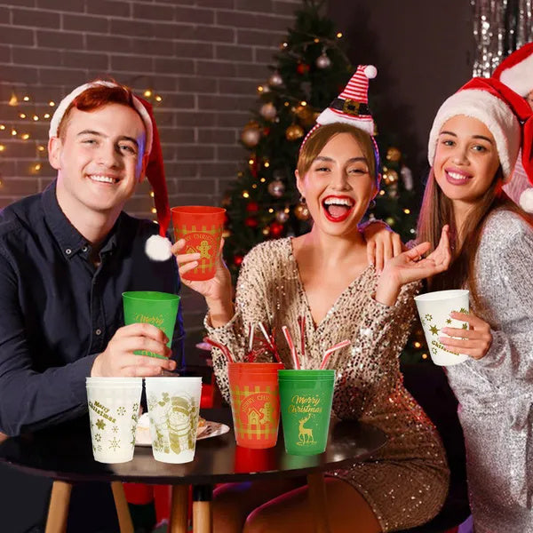 US Local 12 Pcs Christmas Plastic Tumblers Gingerbread Man Santa Reindeer Pattern 16 Oz Reusable Drink Cups Cute Beverage Cups For Beer Coffee Tea Xmas Holiday Party Supplies