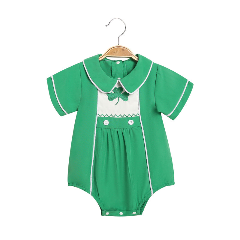 US Local Baby Green Lapel Short Sleeve Romper Clover Print Button Detail Playsuit With Snap Closure