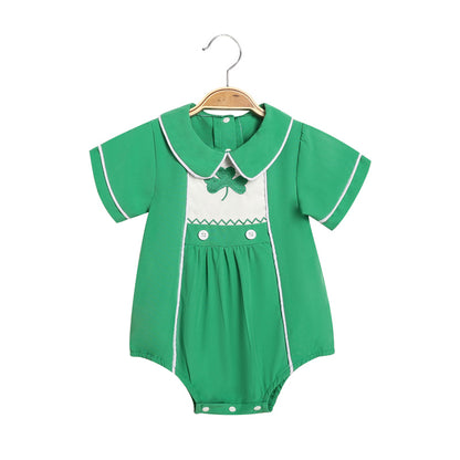 US Local Baby Green Lapel Short Sleeve Romper Clover Print Button Detail Playsuit With Snap Closure