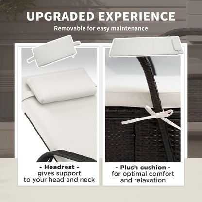 US Local Outdoor Chaise Lounge, 5-Level Adjustable Backrest Rattan Pool Lounge Chair With Wheels, Cushion & Headrest, Cream