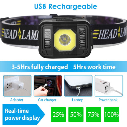 US Local 2Packs Rechargeable Motion Sensor Headlamp 6 Light Modes COB XPG Headlight Torch Flashlight For Fishing Running Camping Hiking