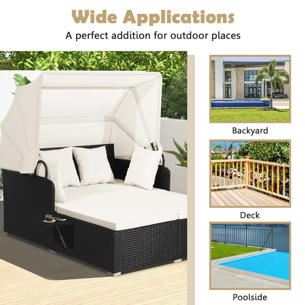 US Local Patio Rattan Daybed With Retractable Canopy And Side Tables