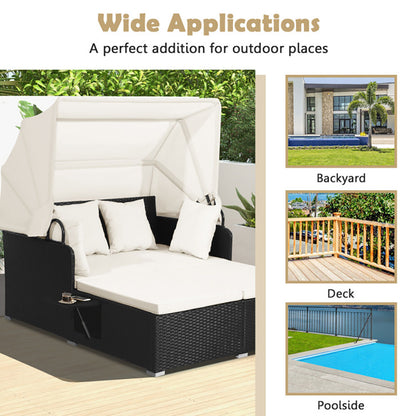 US Local Patio Rattan Daybed With Retractable Canopy And Side Tables